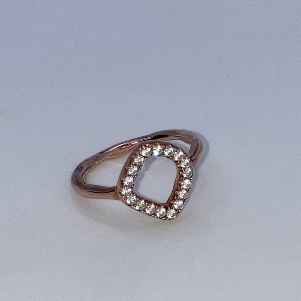 STERLING Silver Rose Gold Plated Abstract CZ Stone Ring Hammered Band Sz 5.75